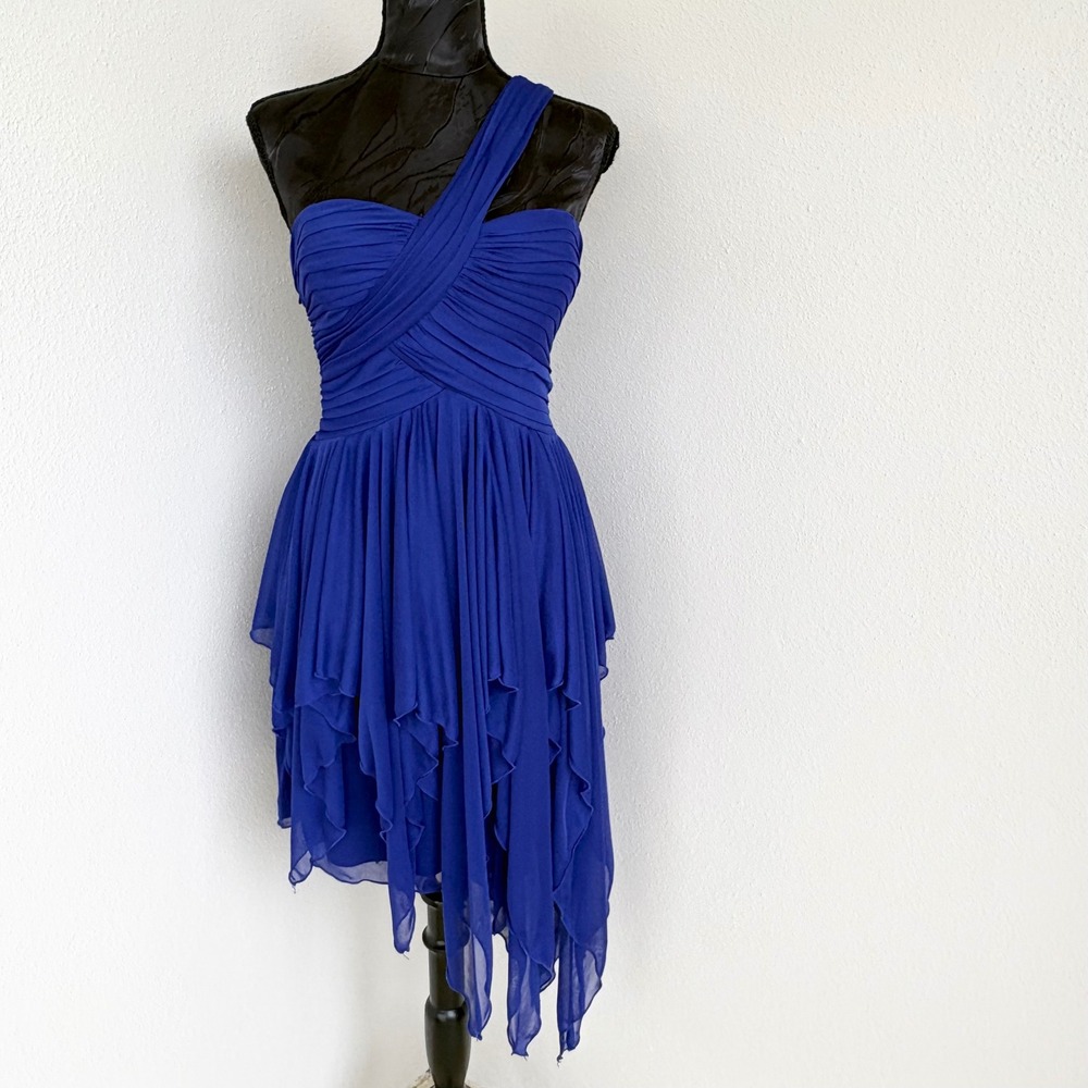 Blondie Nites One Shoulder Tiered Handkerchief Dress Women 7 Royal Blue Formal